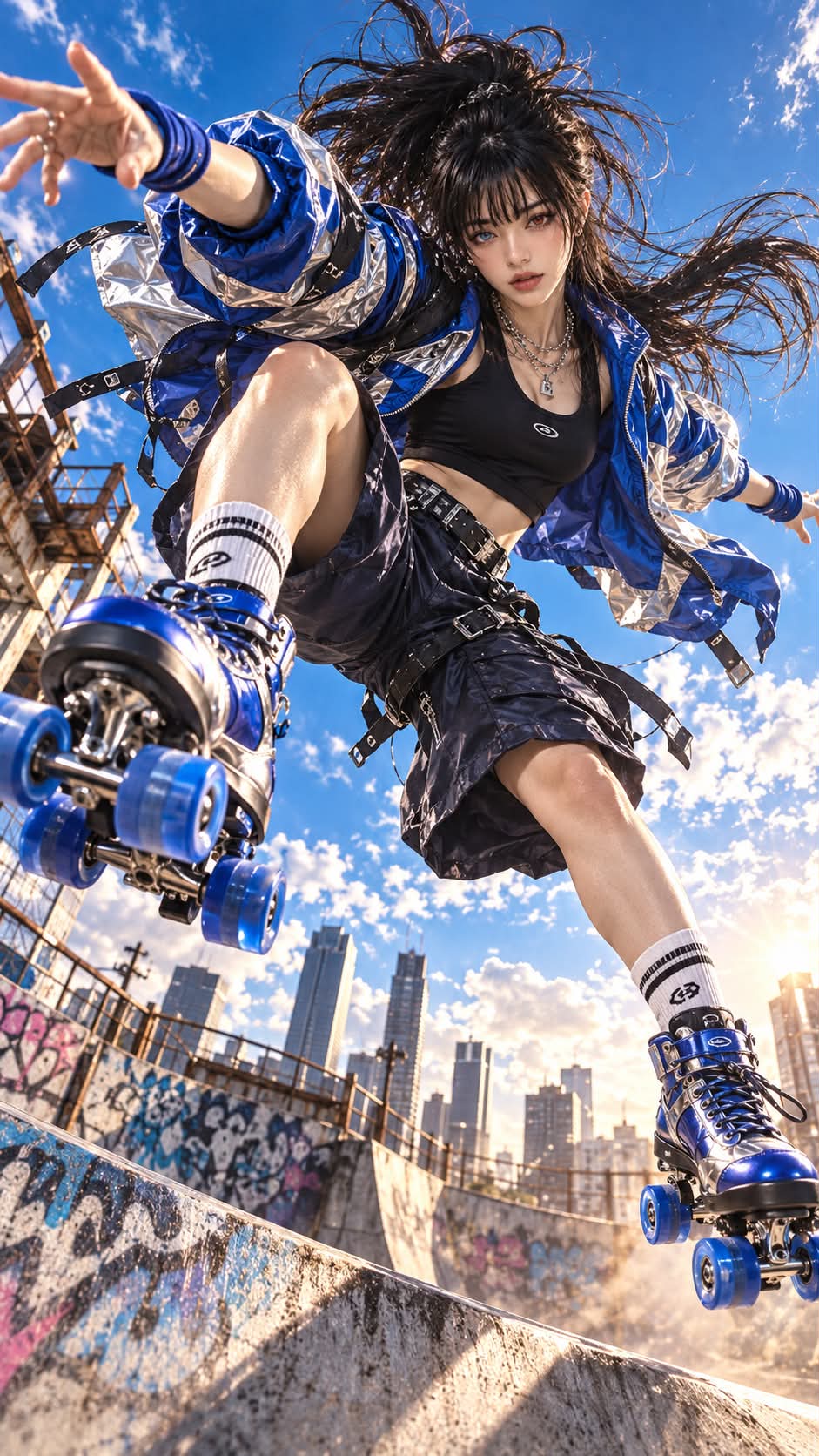 Y2K Roller Skater Soaring Above a Skatepark output 2