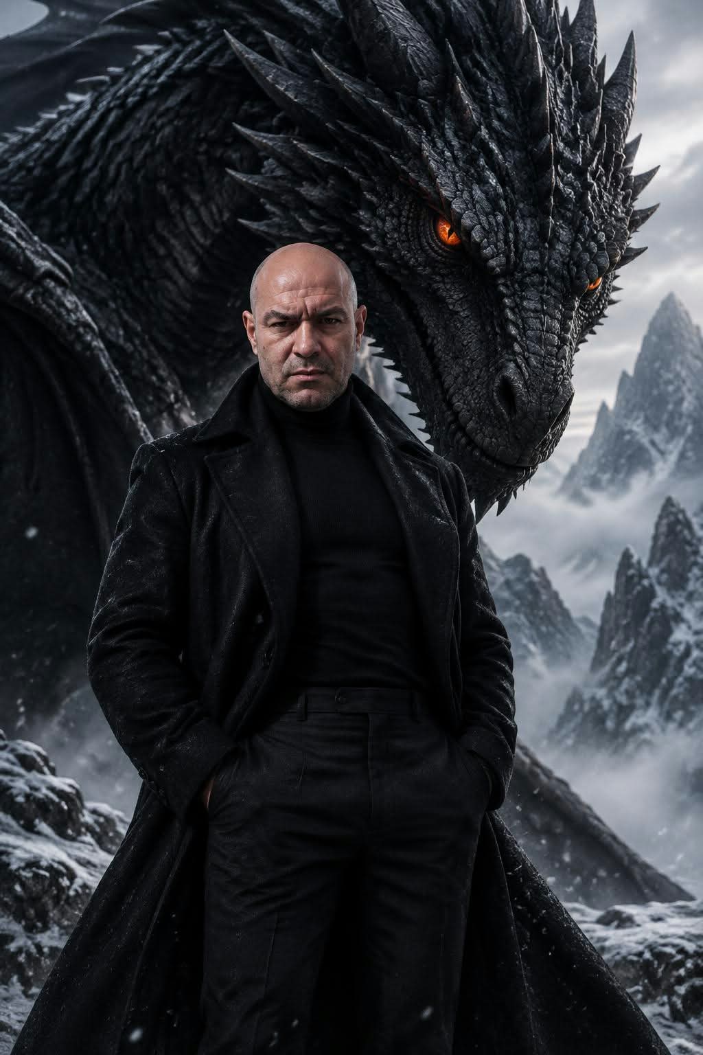 Man and Dragon in a Snowy Mountain Valley