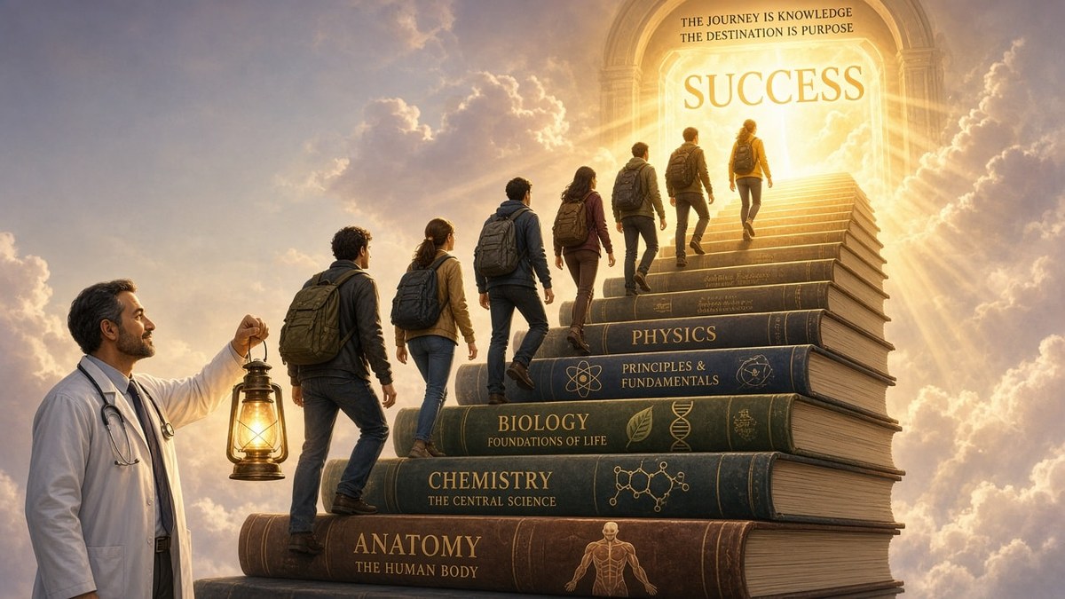 Doctor Guiding Students Up a Staircase of Books to Success