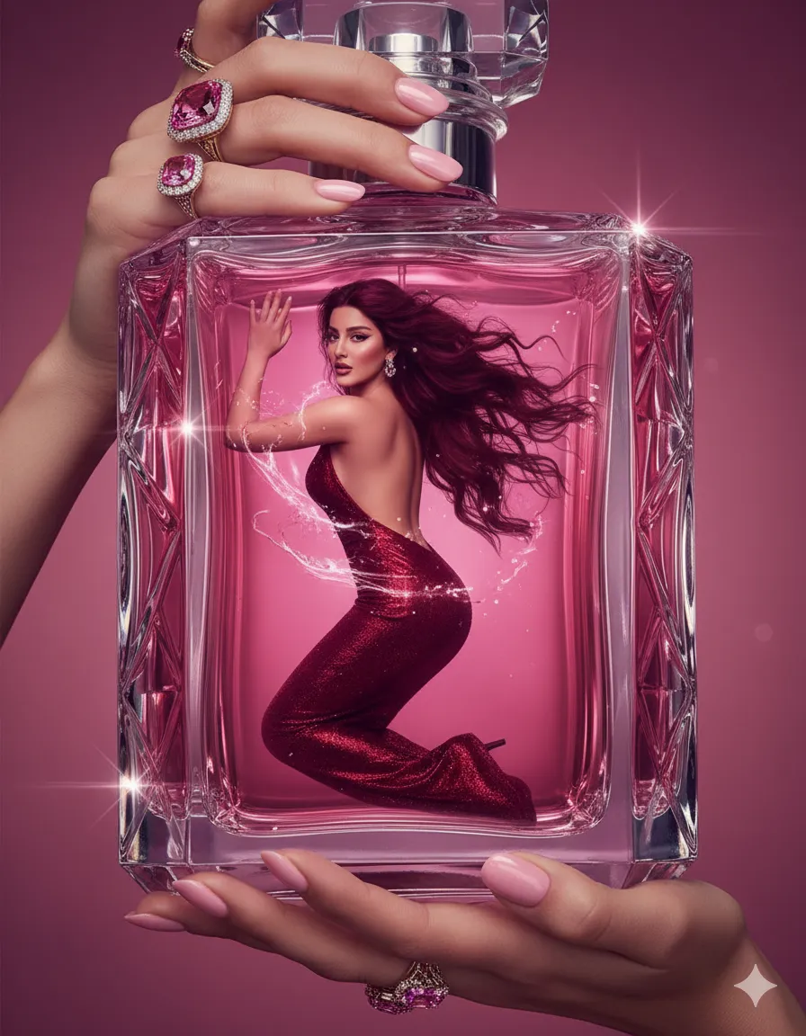 Luxury Fashion Portrait Inside a Perfume Bottle
