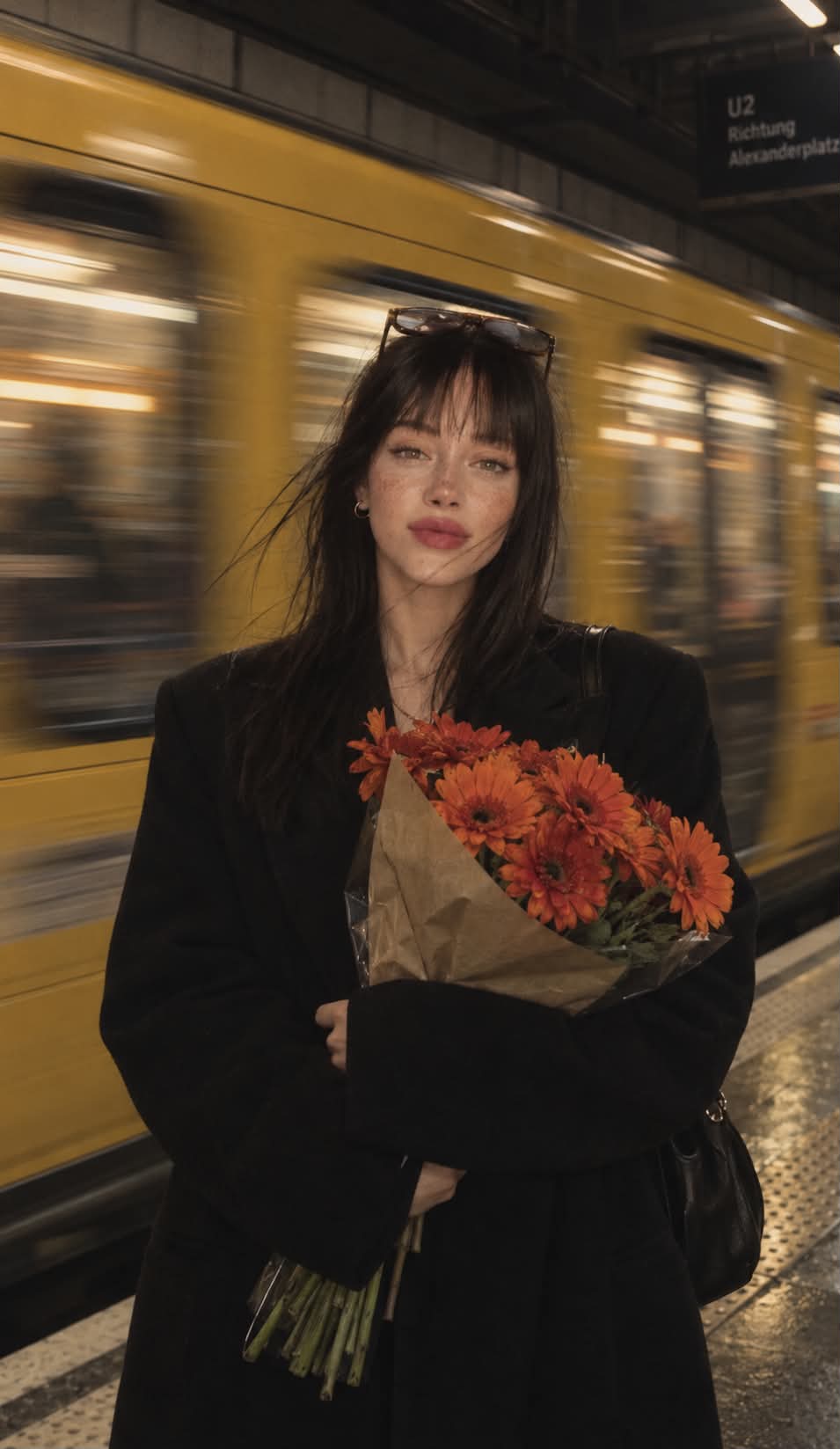 Woman on a Train Platform with Flowers