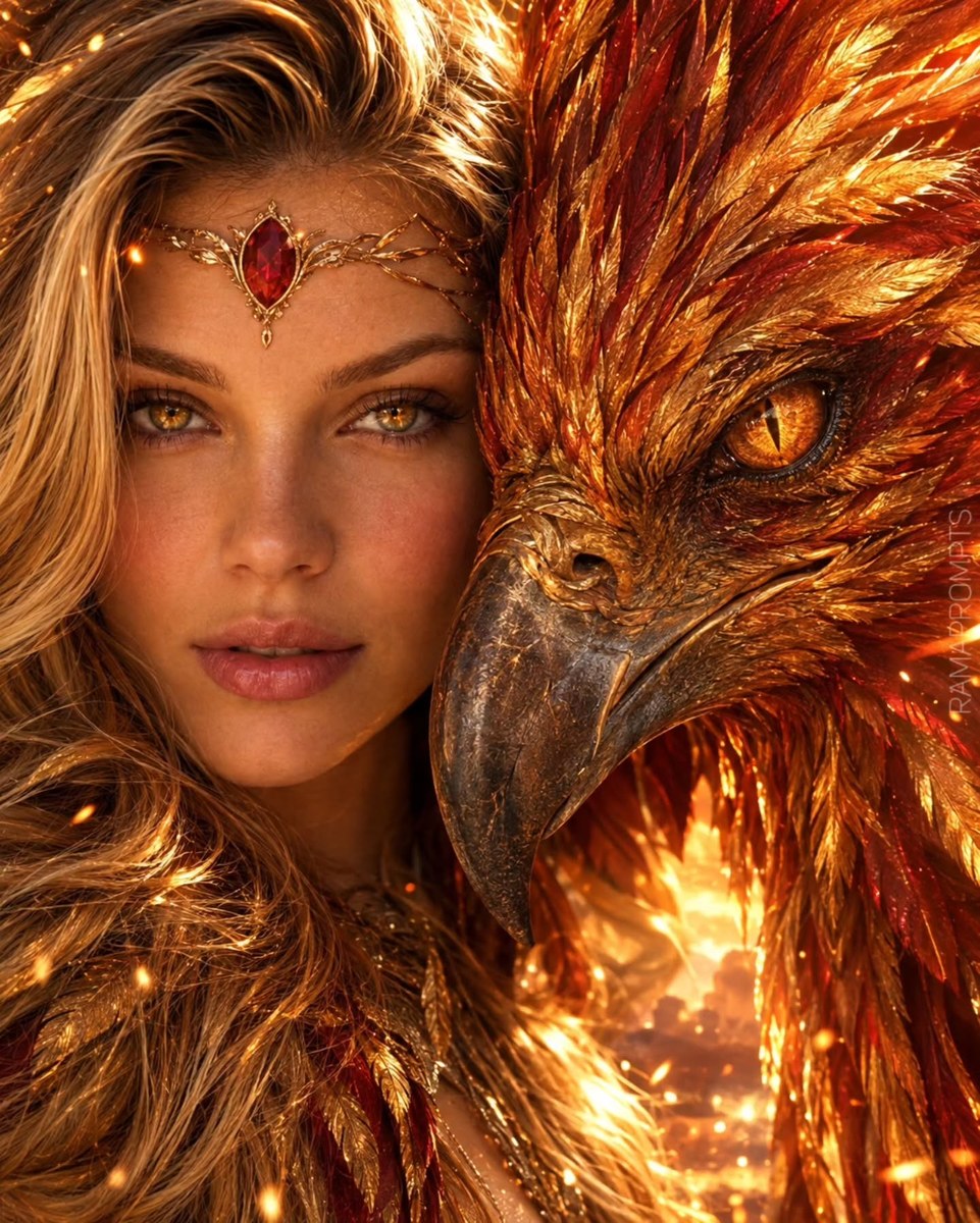 Woman and Golden Phoenix-Eagle Fantasy Portrait