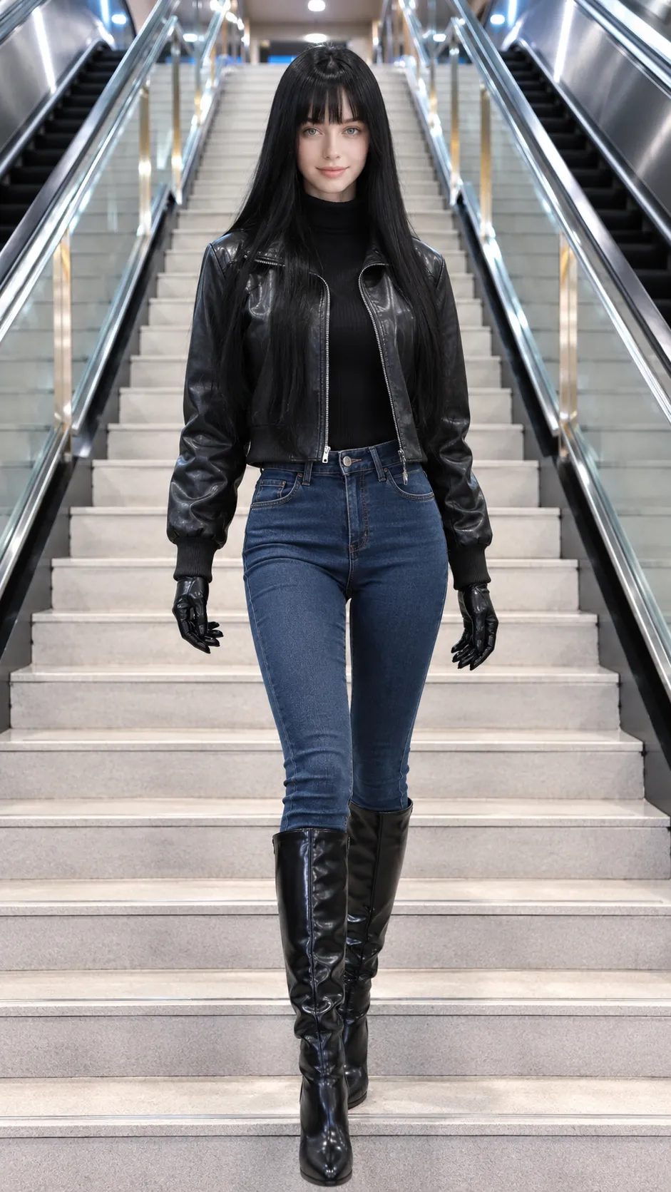 Black Leather Fashion Portrait on a Modern Staircase