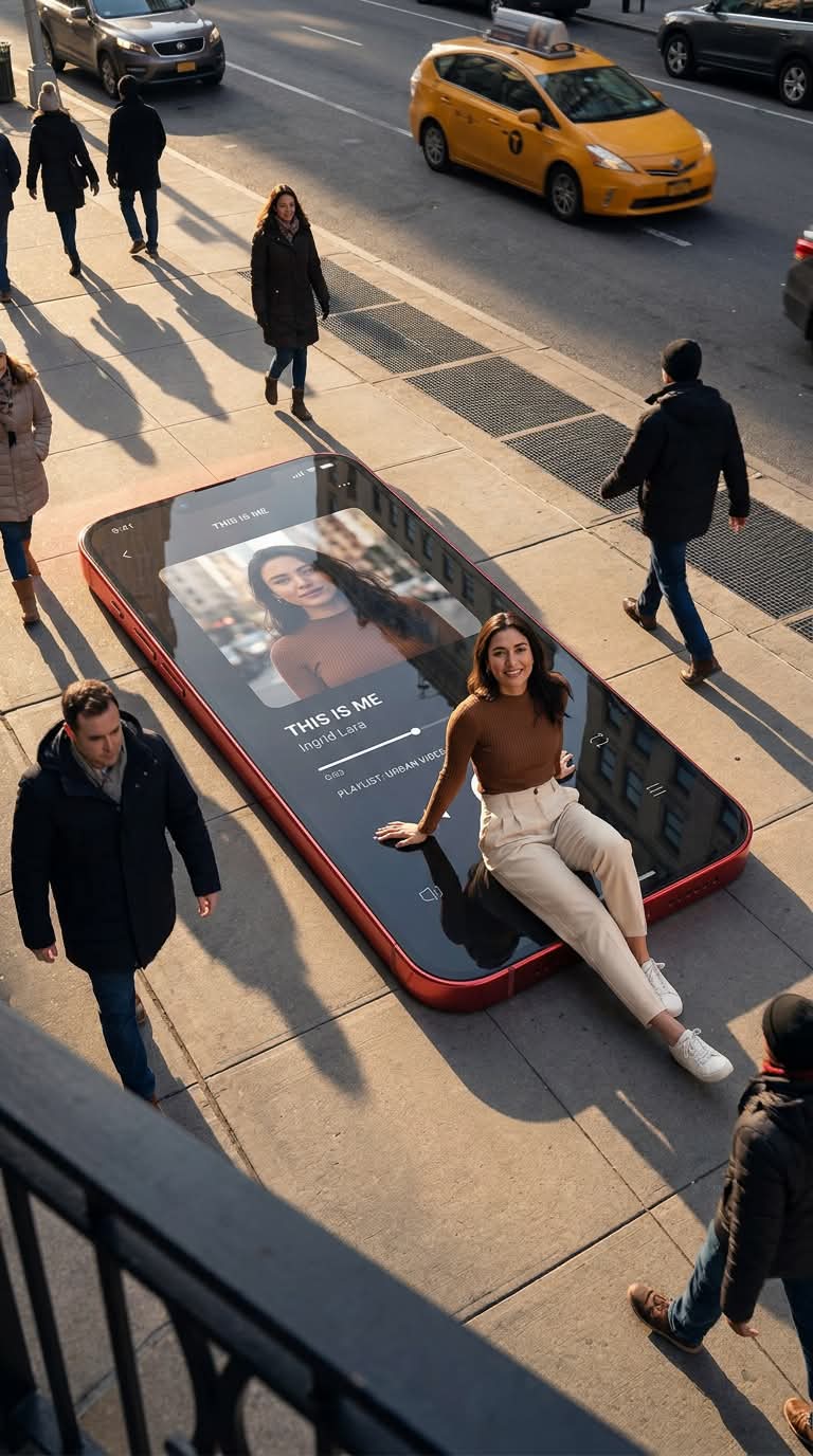 Cinematic Street Scene with an Oversized Smartphone