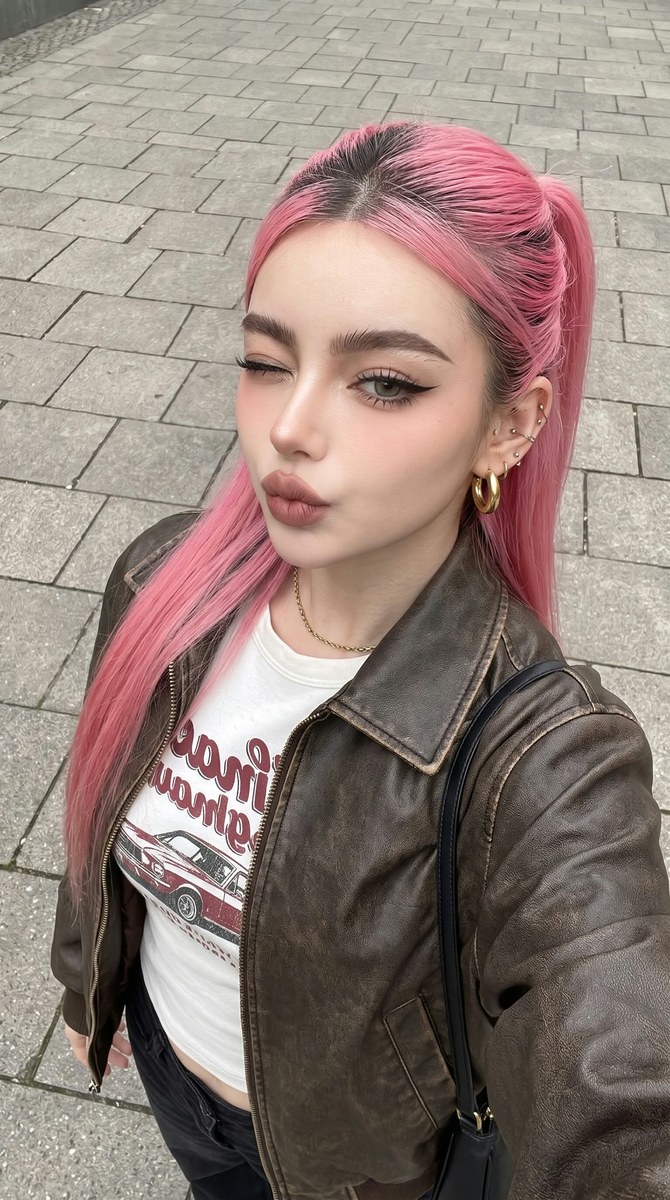 Pink Ponytail High-Angle Street Selfie output 1
