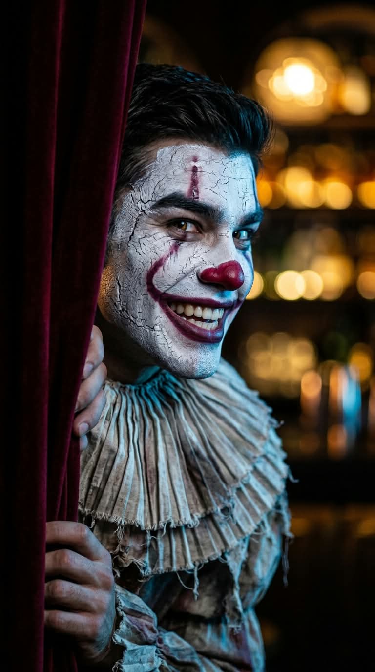 Photorealistic Clown Peeking from a Velvet Curtain output 1