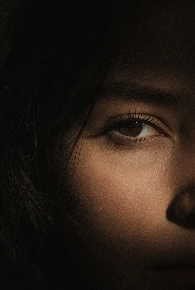 Dramatic Close-Up Portrait with Film Grain