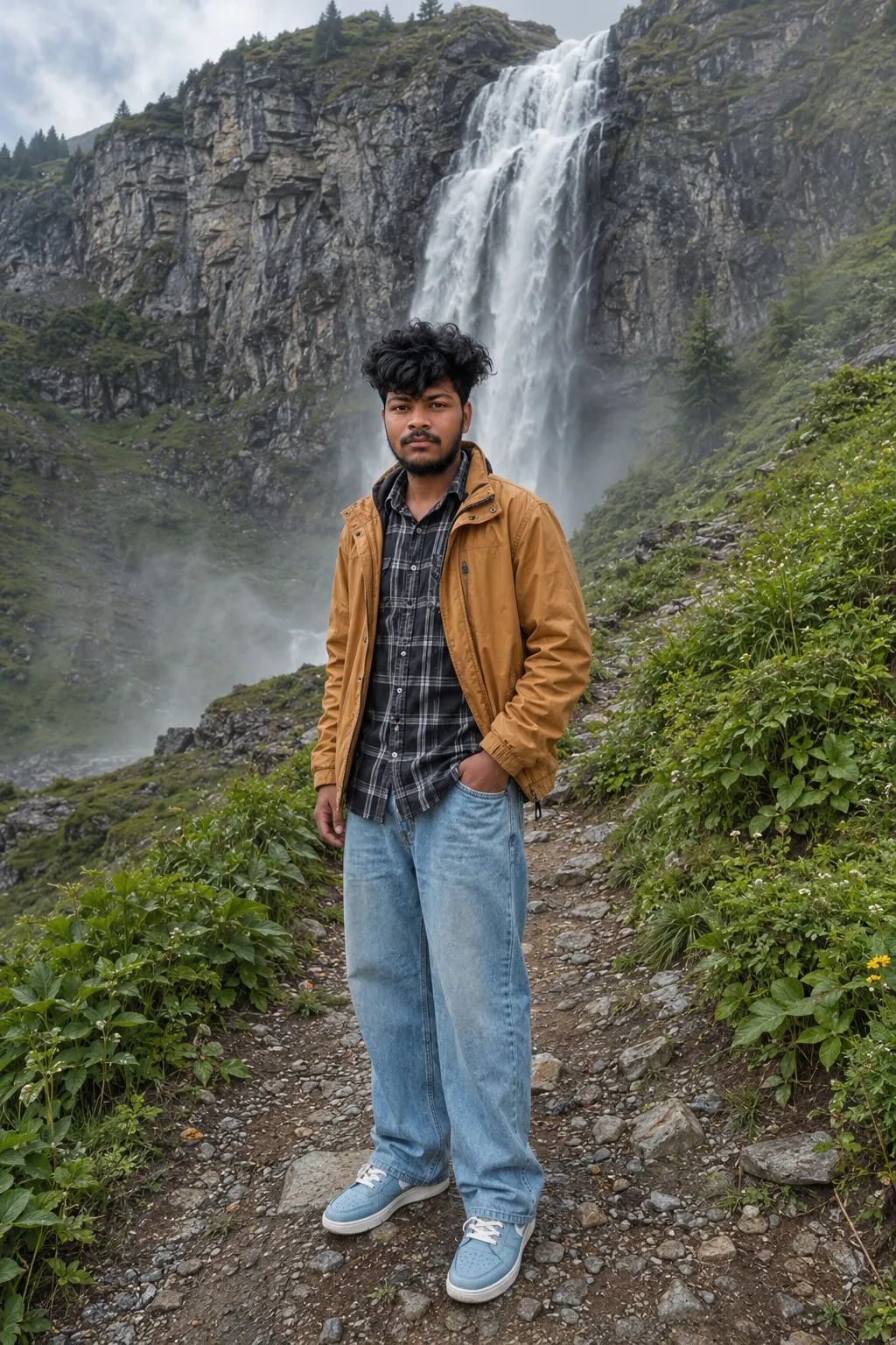 Young Man on a Mountain Waterfall Trail