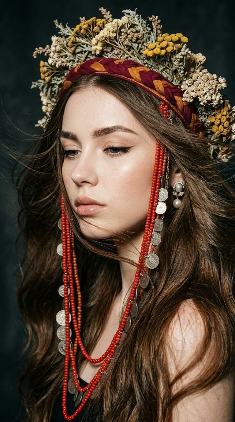 Ukrainian Vinok Portrait with Coral and Silver