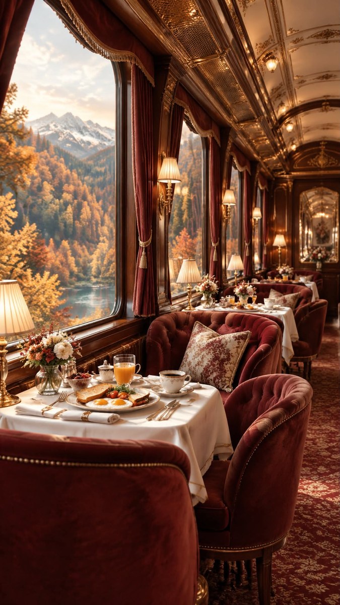 Luxury Orient Express Breakfast in the Autumn Mountains