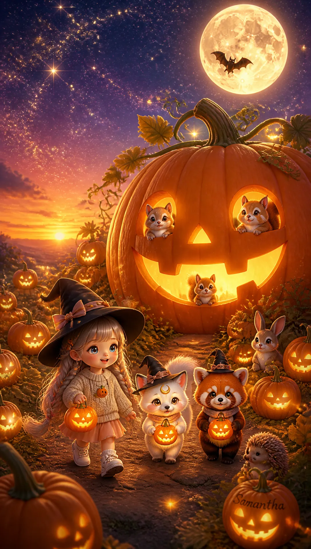 Miniature Chibi Girl and Pets in a Giant Pumpkin Patch output 2