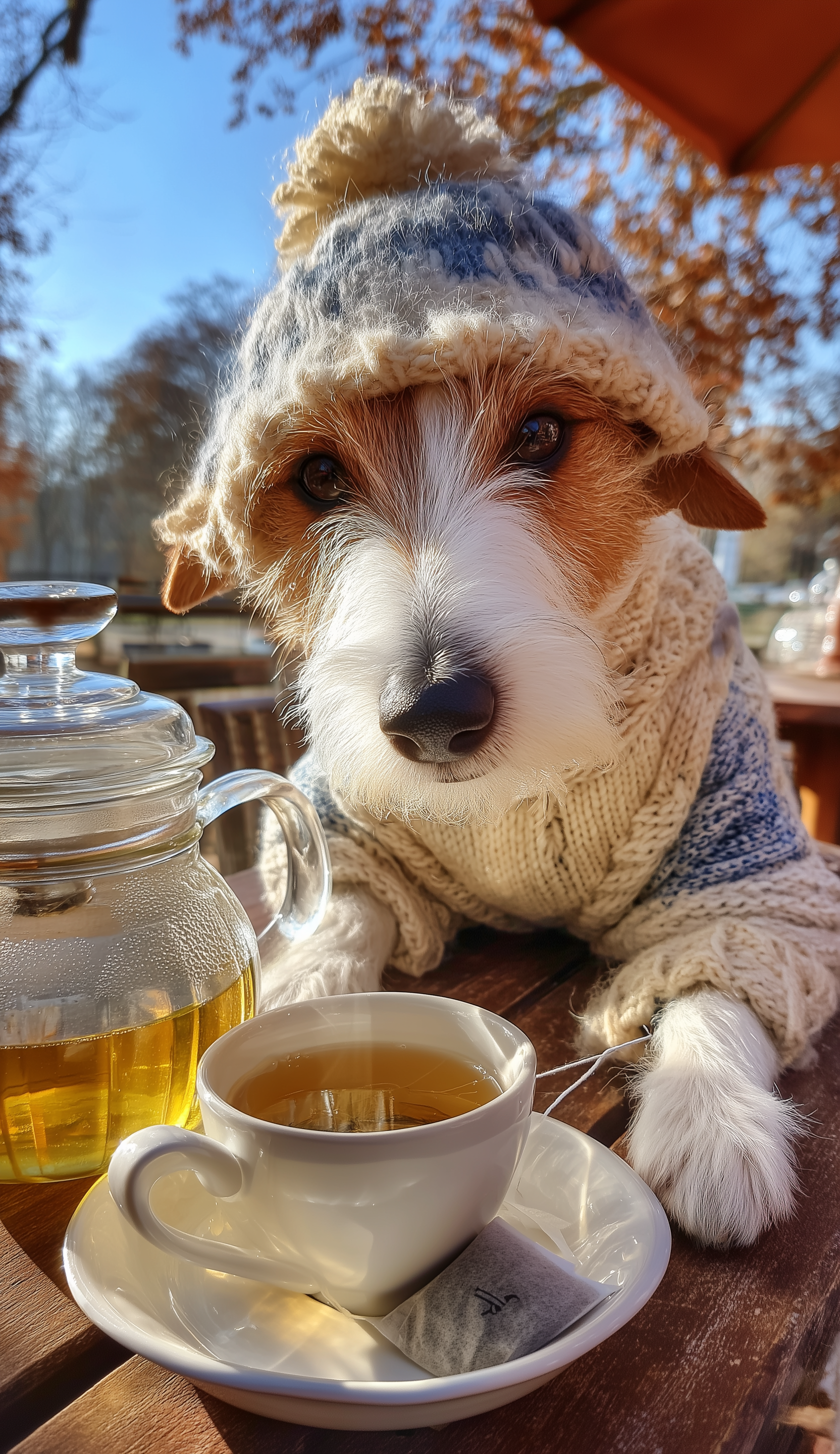 Anthropomorphic Terrier Pouring Tea Outdoors