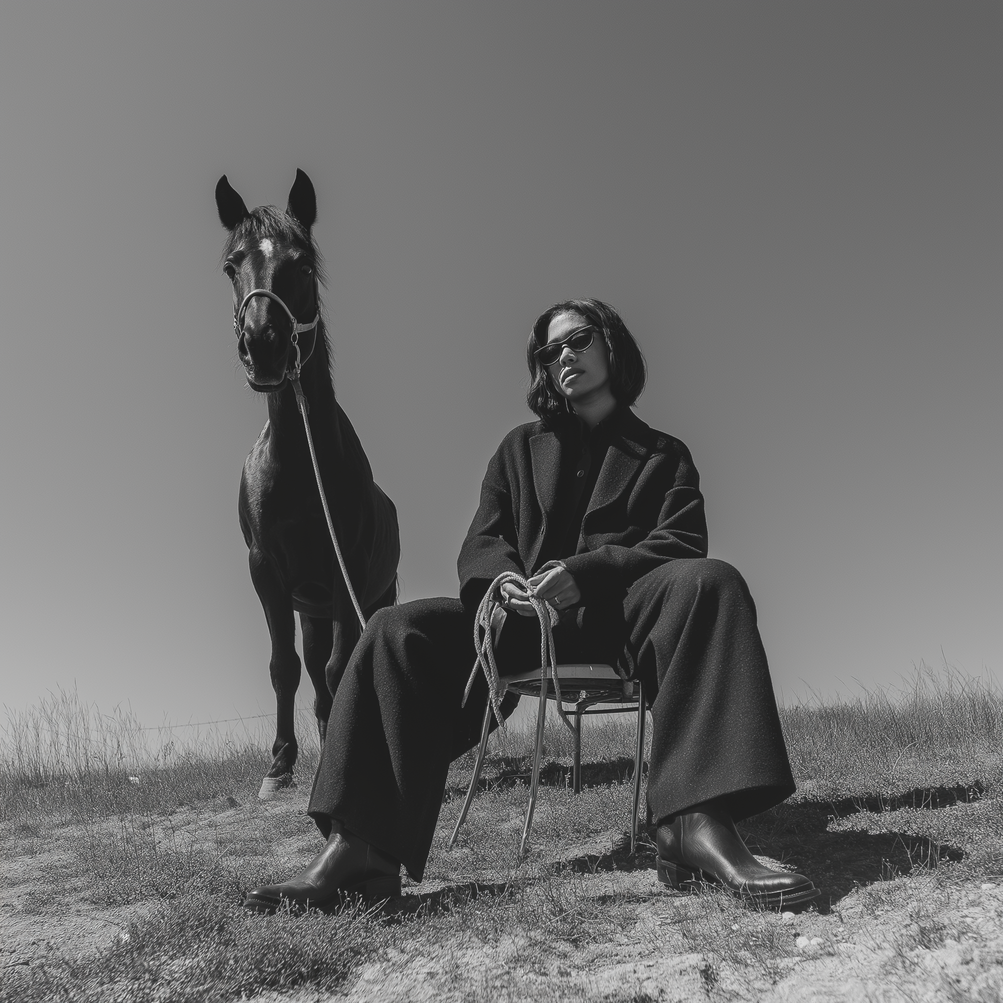 Monochrome Fashion Editorial with a Seated Figure and Black Horse