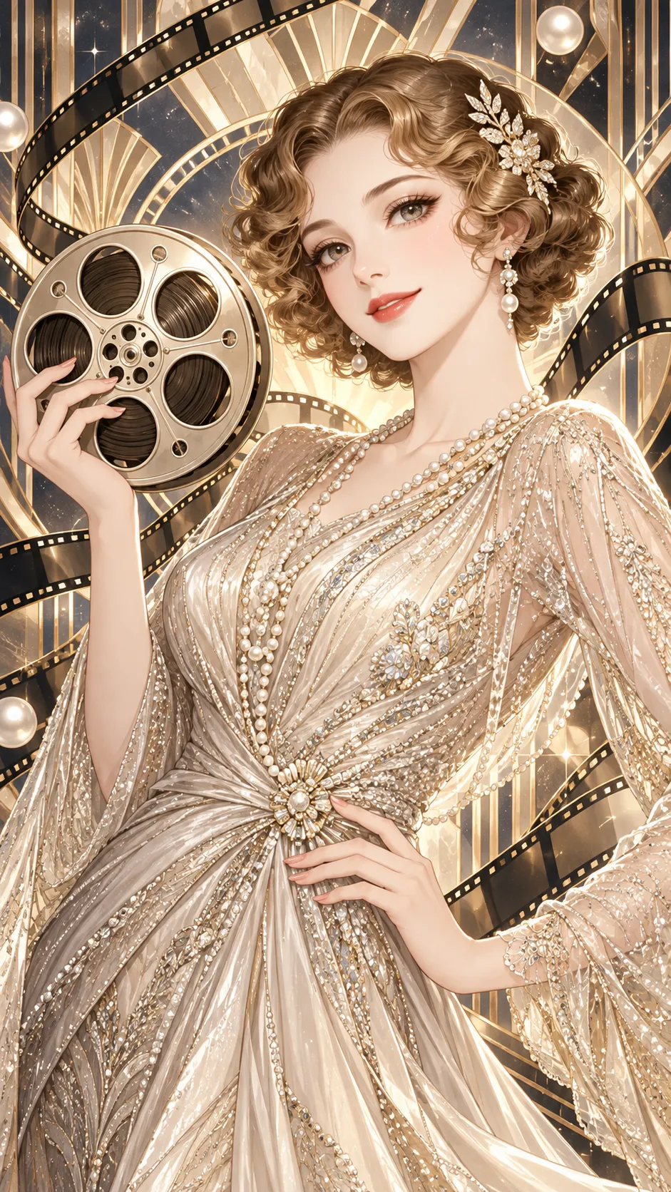 The Cinematic Muse: A Glamorous Woman Draped in Silver-Screen Memories