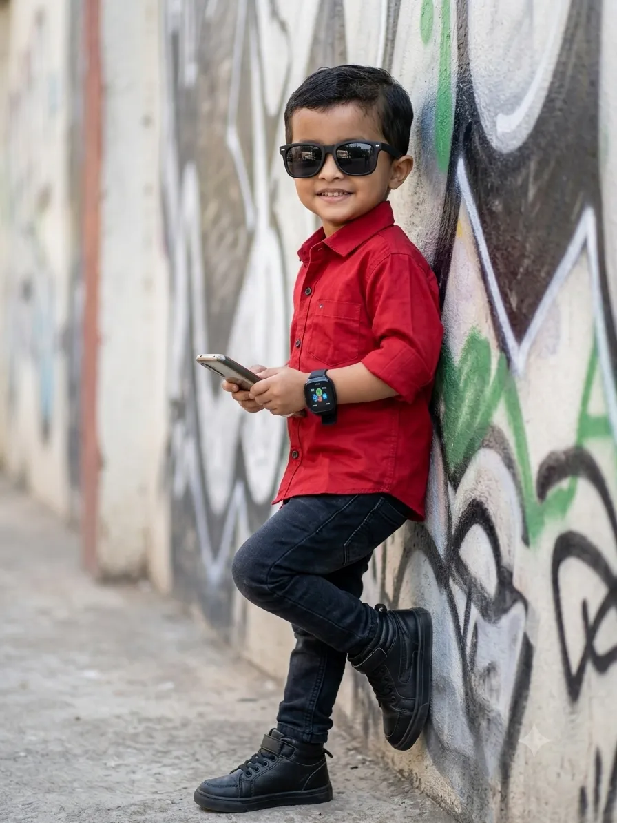 Young Trendsetter in Red Shirt and Smartwatch