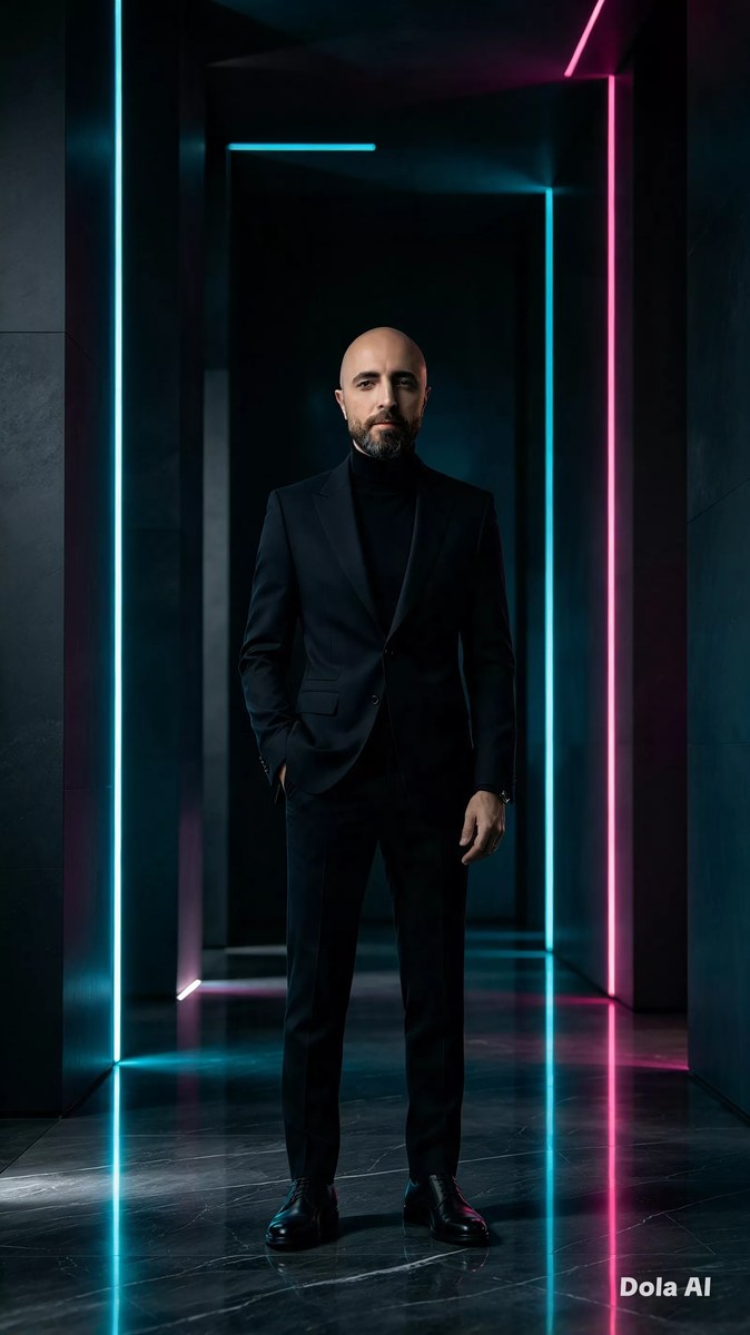 Neon-Lit Black Suit Editorial Portrait output 2