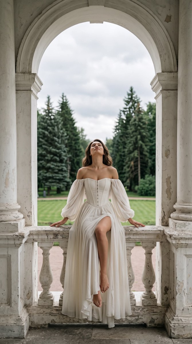 Dreamlike Fashion Portrait in a Stone Arch output 1