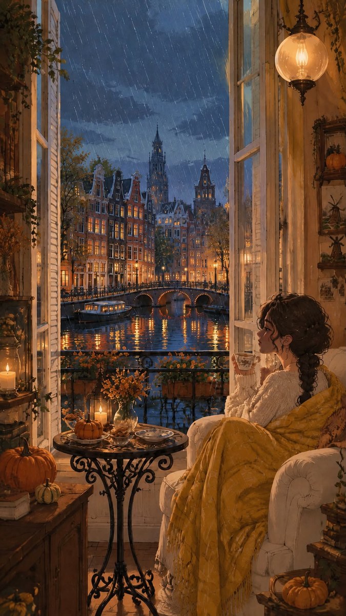 Autumn Tea by a Rainy Canal Window output 1