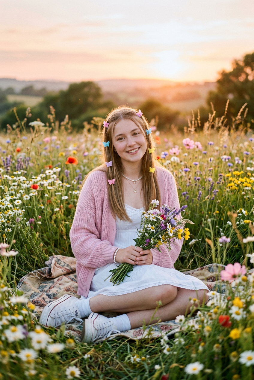 Dreamy Golden-Hour Portrait in a Wildflower Field