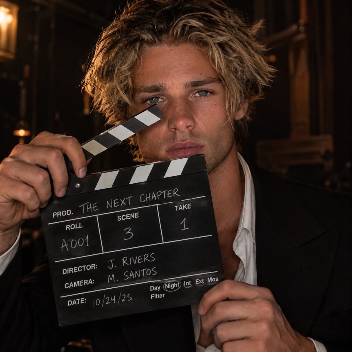 Cinematic Men's Portrait with Film Clapperboard