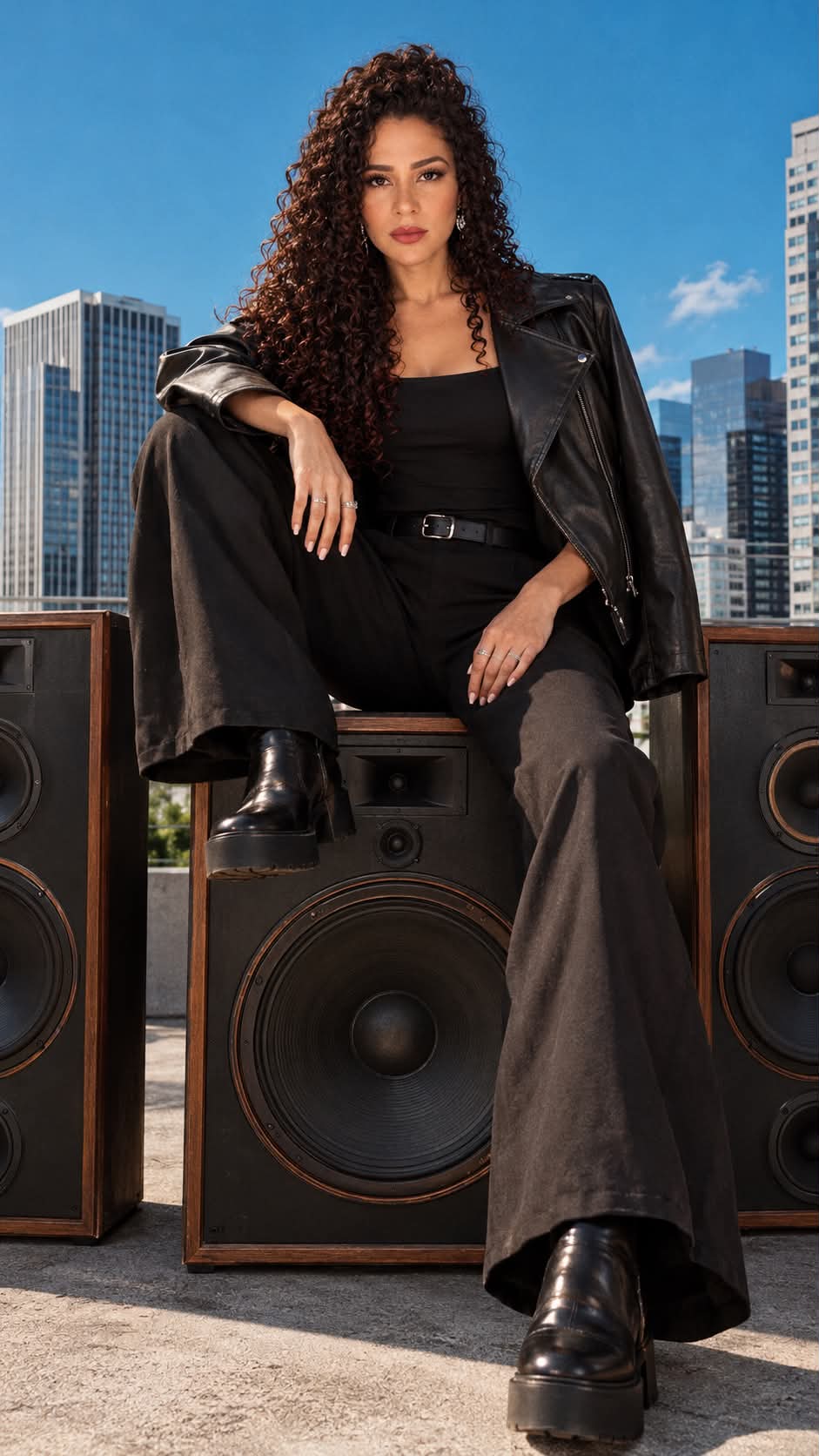Urban Fashion Editorial Portrait with Vintage Speakers