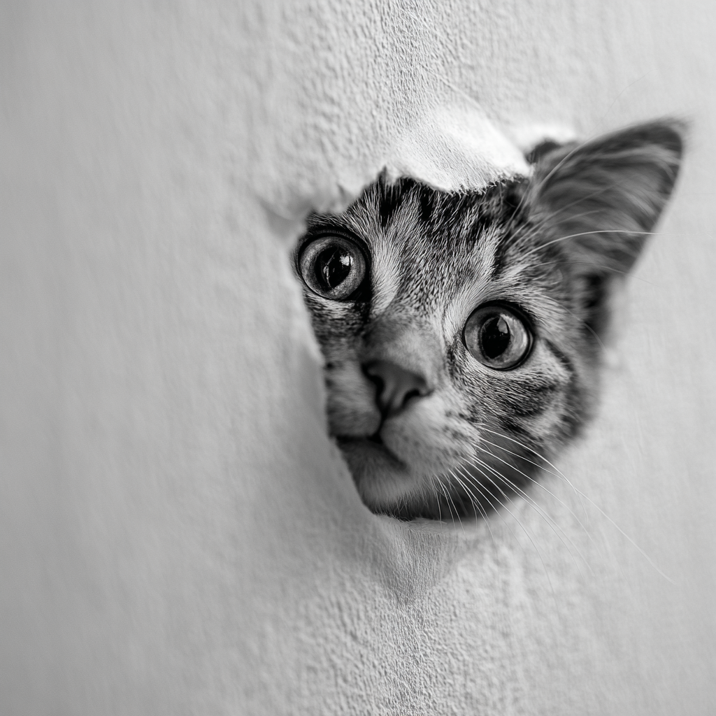Hyperrealistic Cat Peeking Through Torn White Paper