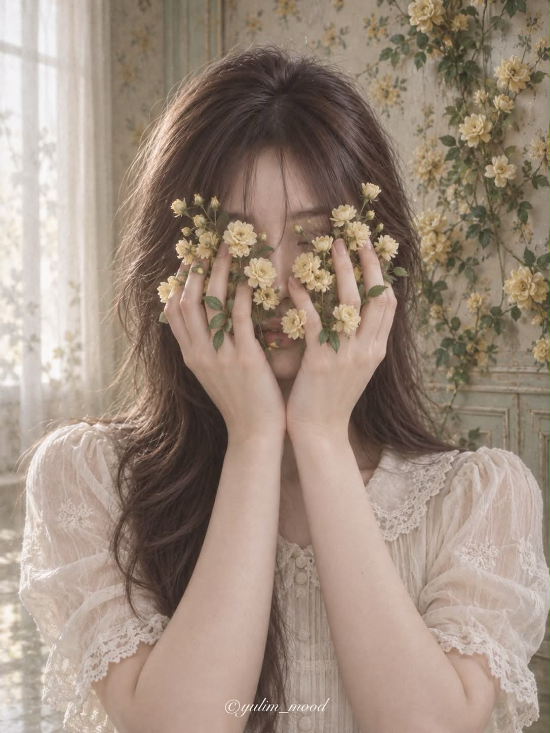 Woman Concealing Her Face with Banksia Roses