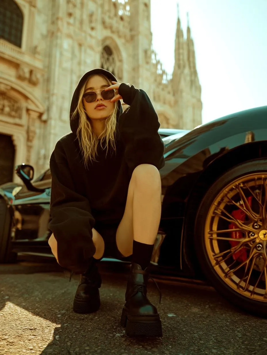 Low-Angle Fashion Editorial Beside a Ferrari
