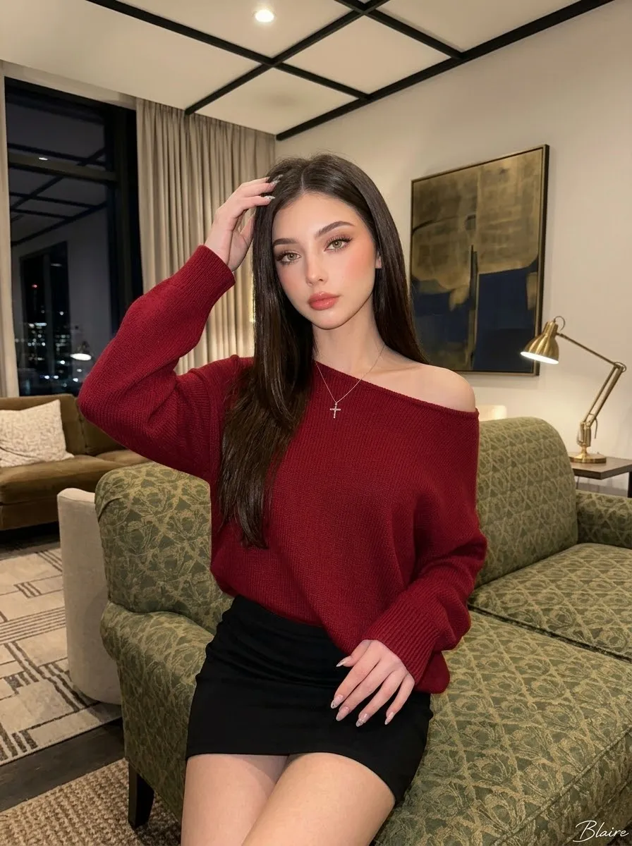 Crimson Sweater Portrait in an Upscale Lounge output 3