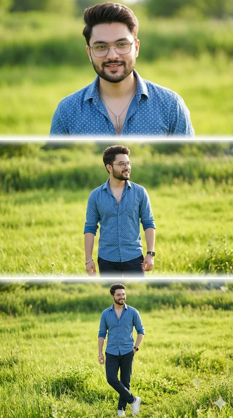 Cinematic Young Man in a Green Field — Vertical Triptych