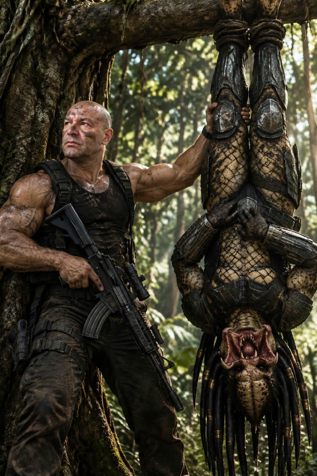 Muscular Man and Inverted Alien in a Tropical Jungle