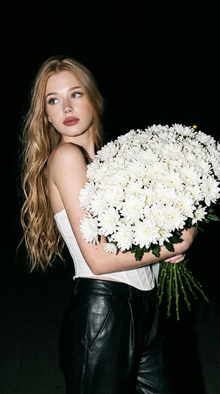 Nighttime Flash Portrait with White Chrysanthemums output 2
