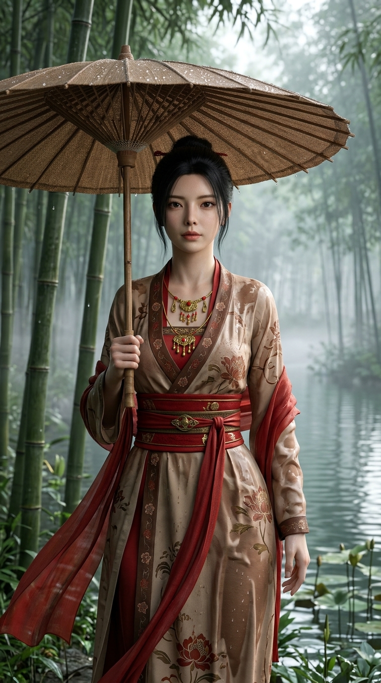 Mature Woman with a Straw Umbrella in a Misty Bamboo Forest