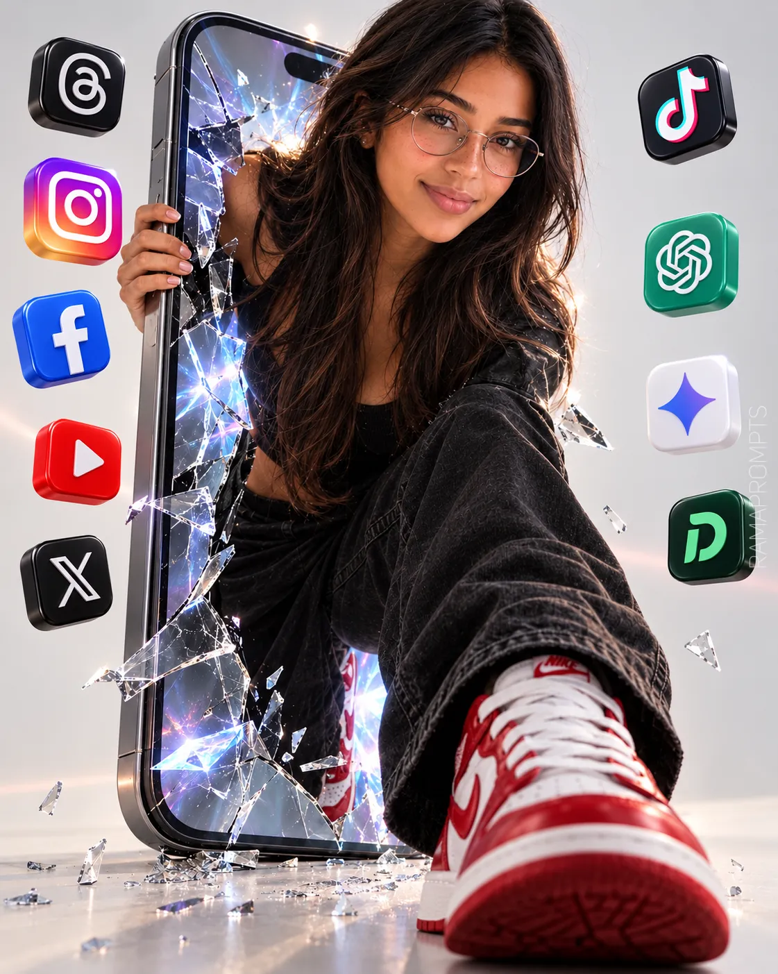 Photorealistic Fashion Editorial: Woman Emerging from a Cracked Smartphone output 1