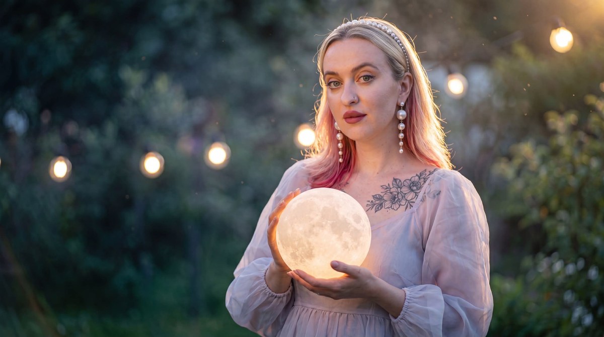 Photorealistic Twilight Portrait with a Glowing Moon