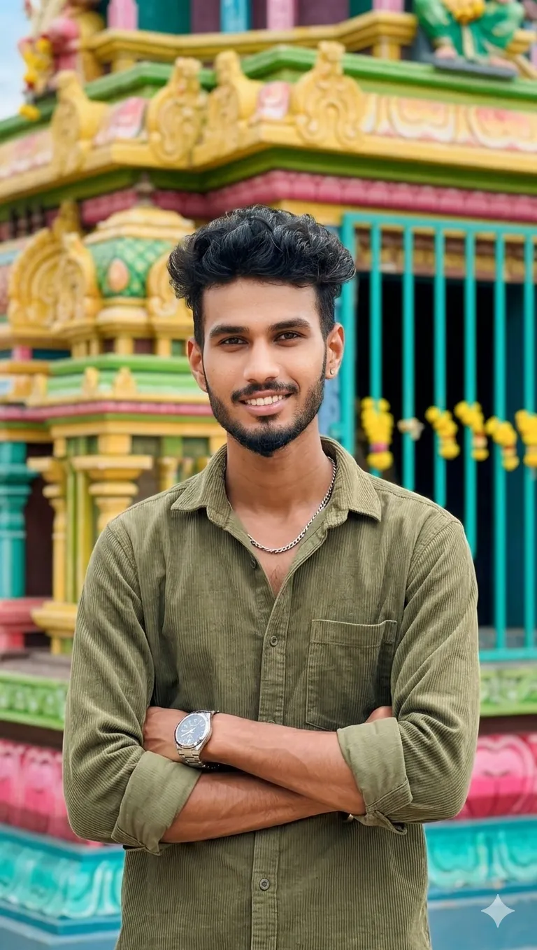 Smiling Man in Front of a Colorful South Indian Temple