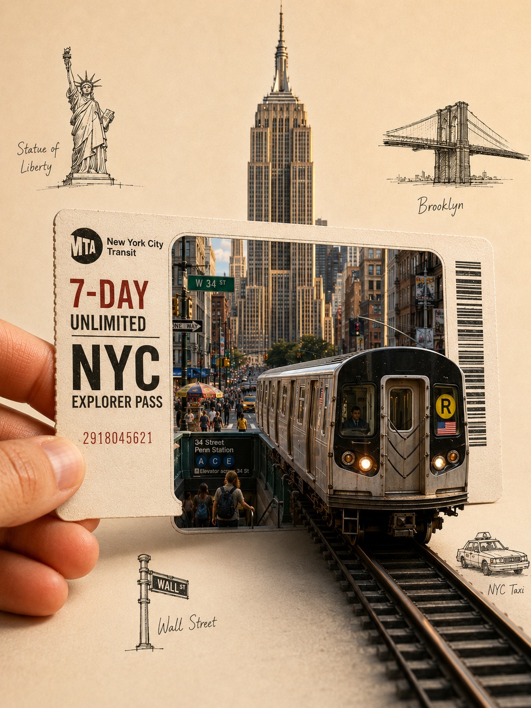 Miniature City Emerging from a Travel Ticket