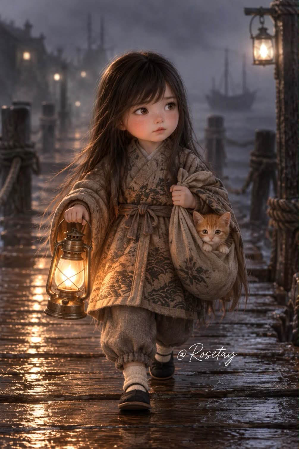Girl with a Lantern and Kitten on a Misty Pier