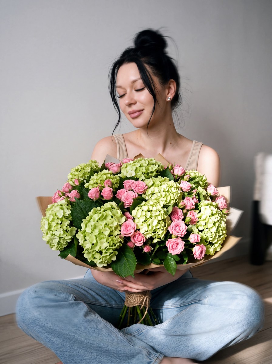 Romantic Floor-Seated Portrait with an Oversized Bouquet output 1