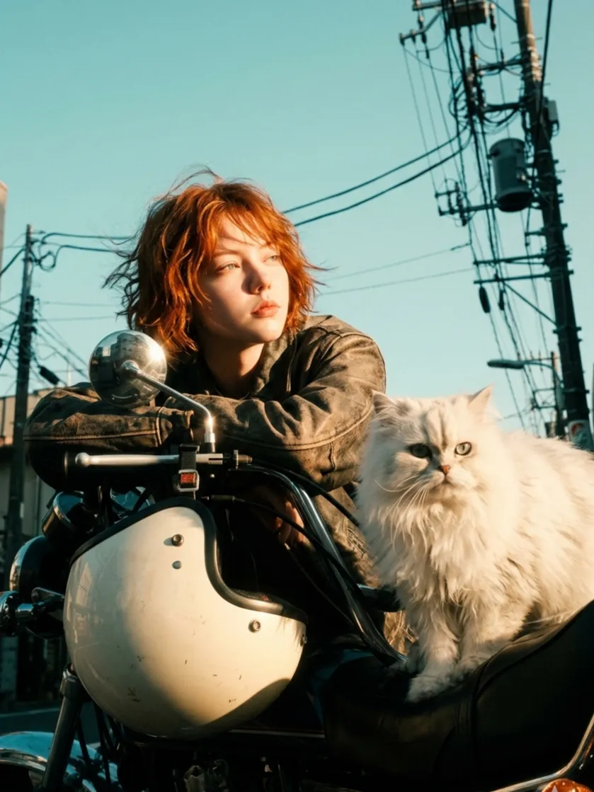 Golden-Hour Motorcycle Ride with a Persian Cat