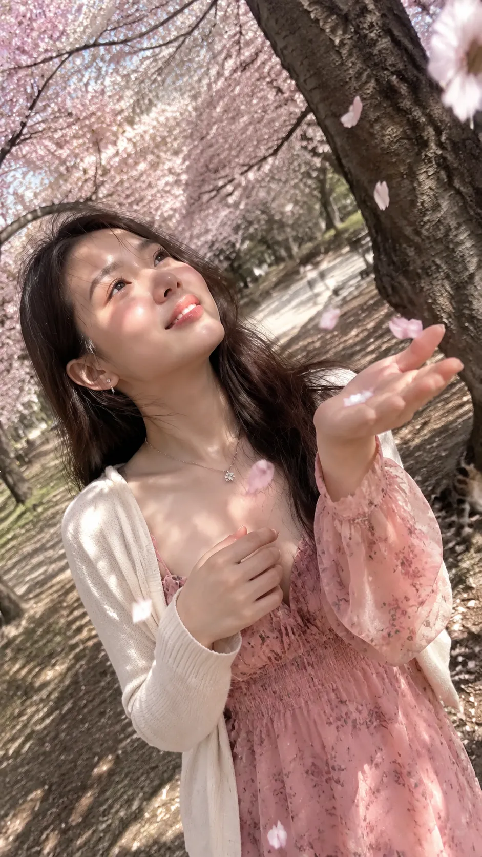 Candid Portrait Catching Cherry Blossom Petals output 1