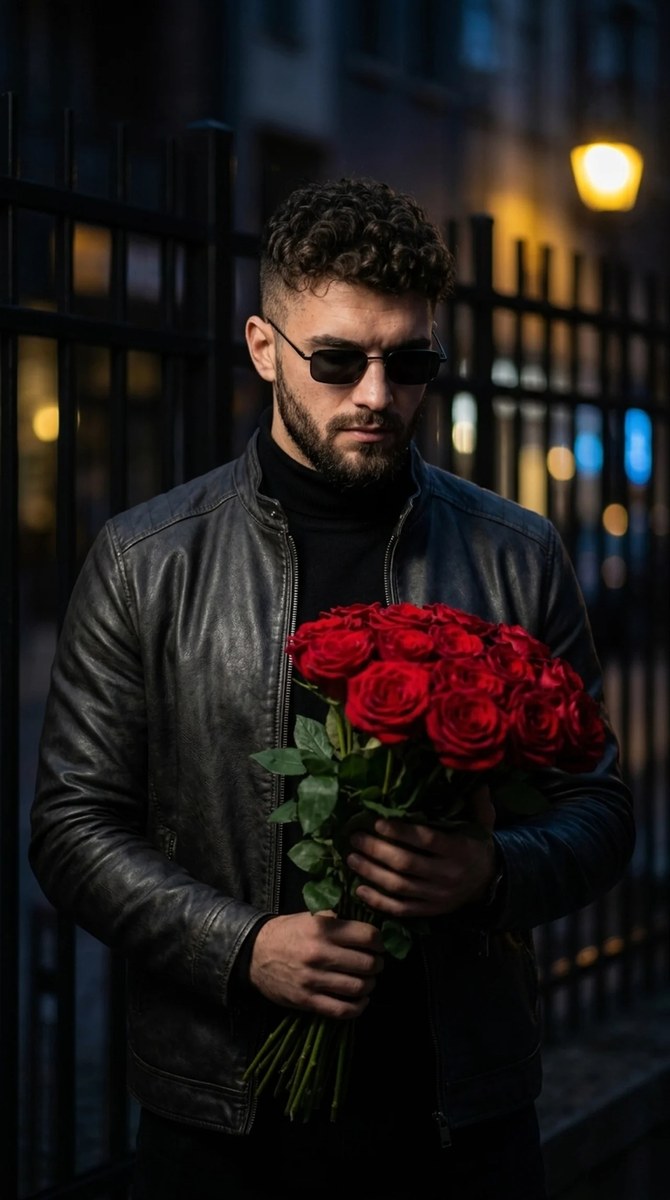 Cinematic Portrait of a Man Holding Red Roses