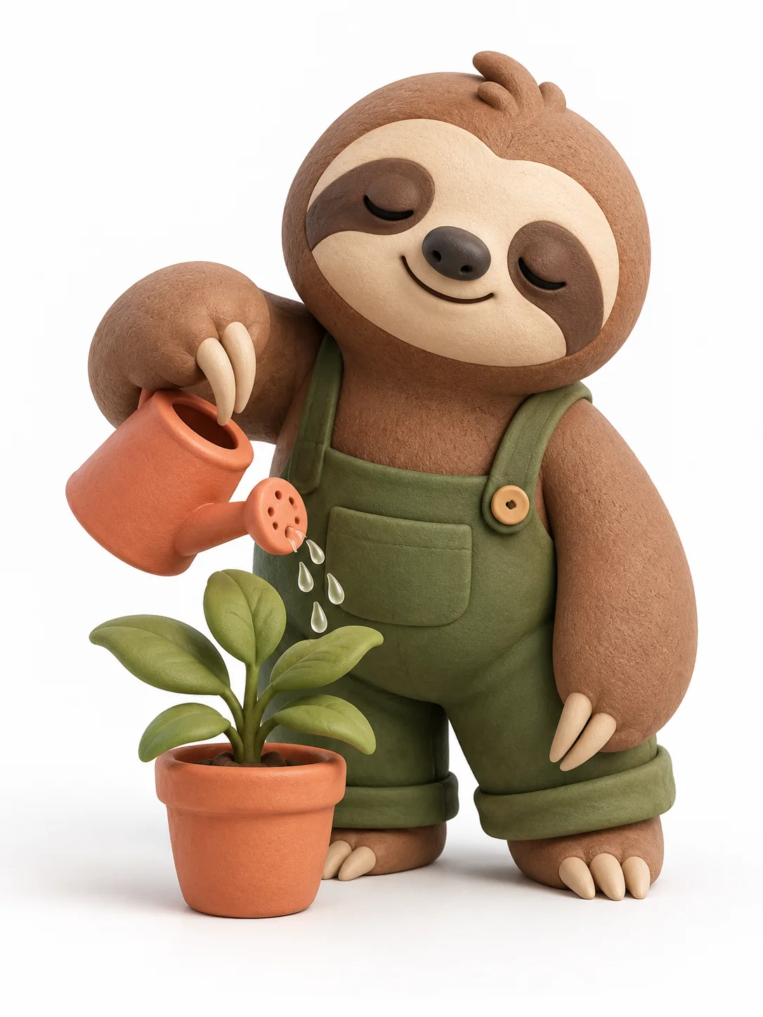 Clay Sloth Watering a Potted Plant