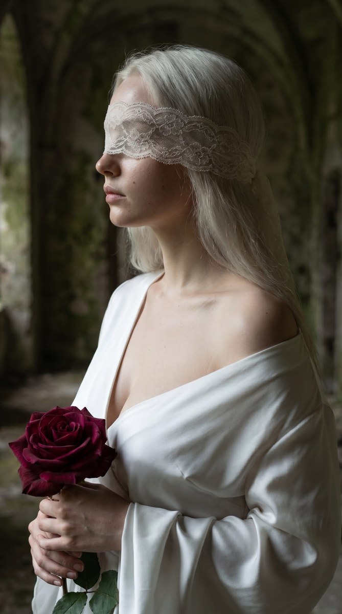 Cinematic Profile Portrait with Vintage Lace Blindfold output 3