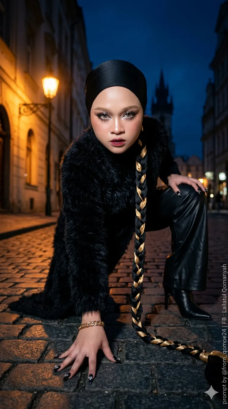 Dramatic Night Portrait of a Young Woman in a Black Hijab