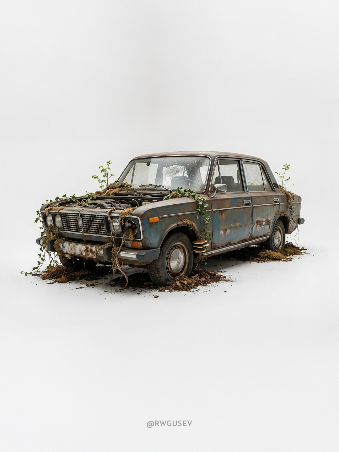 Nature Reclaims a Weathered Car — Hyperrealistic Poster