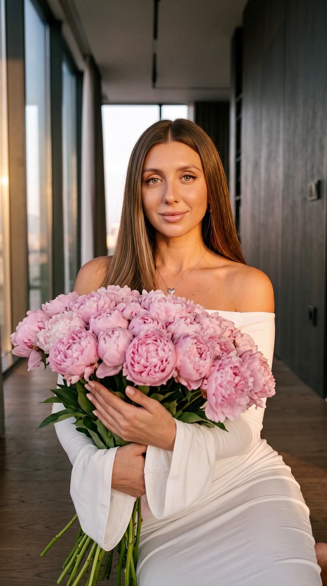Vintage-Style Portrait with Pink Peonies