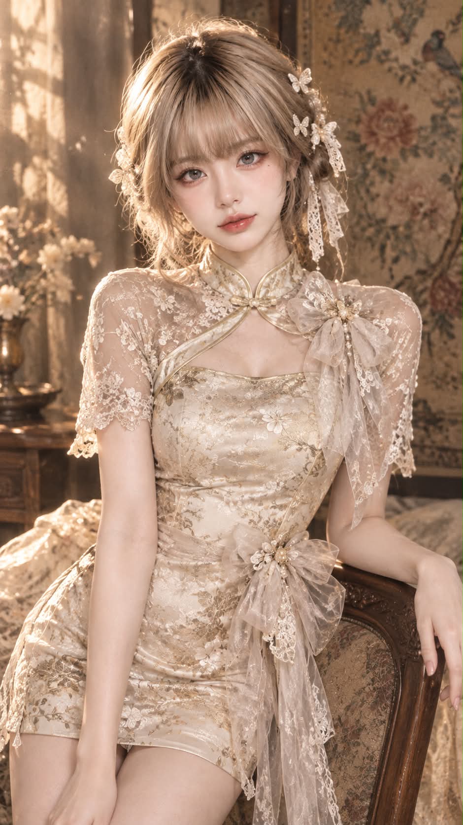 Champagne-Gold Qipao Retro Editorial Portrait output 1