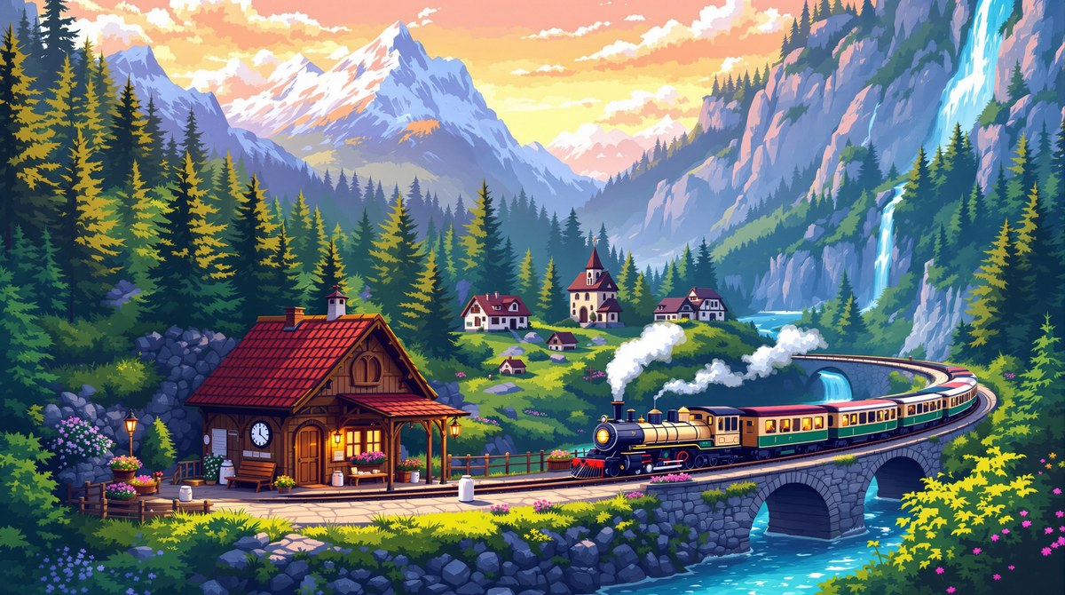 Pixel Art Alpine Railway Station at Sunset (16-Bit Game Scene)
