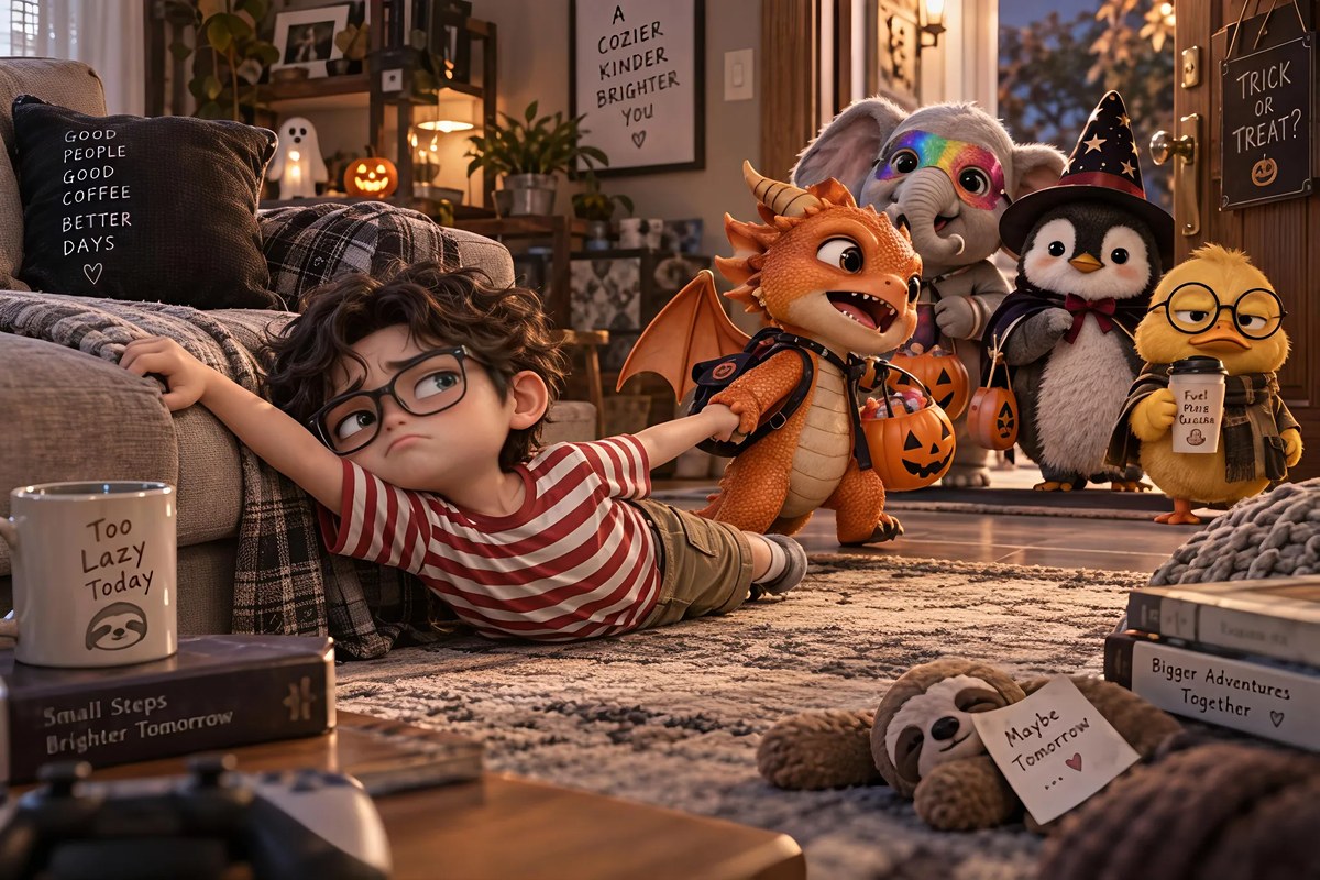 Lazy Chibi Boy and Halloween Animal Friends